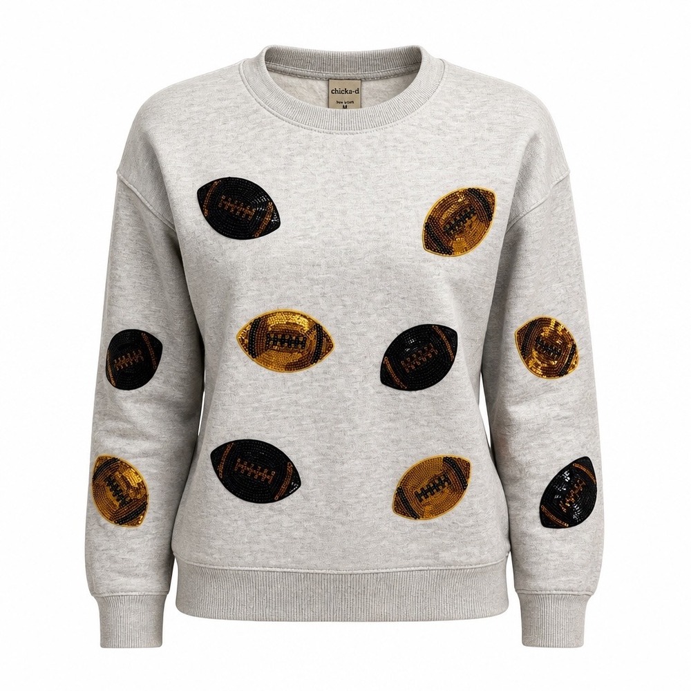Chicka-d Women's Medium Ash Grey Sweatshirt Sequin Football Gameday